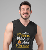 Beer, Buns, bonfires, ; 100% cotton Seamless double-needle ⅞” neck Double -needle armholes and hem