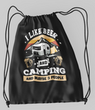Like Beer and Camping; 100% Cotton sheeting Dyed-to match draw cord closure