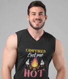 Campfires get me HOT; 100% cotton Seamless double-needle ⅞” neck Double -needle armholes and hem