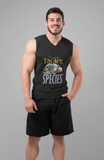 Camp to escape own species; 100% cotton Seamless double-needle ⅞” neck Double -needle armholes and hem
