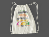 Mountain, breakfast food, campfires 100% Cotton sheeting Dyed-to match draw cord closure