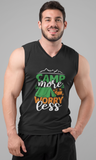 Camp more worry less; 100% cotton Seamless double-needle ⅞” neck Double -needle armholes and hem