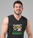 Campers do it in woods; 100% cotton Seamless double-needle ⅞” neck Double -needle armholes and hem