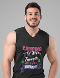 Camping favorite therapy; 100% cotton Seamless double-needle ⅞” neck Double -needle armholes and hem