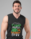 Camp more worry less; 100% cotton Seamless double-needle ⅞” neck Double -needle armholes and hem