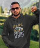 Camp to escape own species; Pull-over hoodie sweatshirt