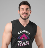 Campers do it in tents; 100% cotton Seamless double-needle ⅞” neck Double -needle armholes and hem