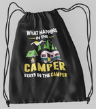 What happens stays in camper ; 100% Cotton sheeting Dyed-to match draw cord closure