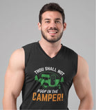 Not poop in camper; 100% cotton Seamless double-needle ⅞” neck Double -needle armholes and hem